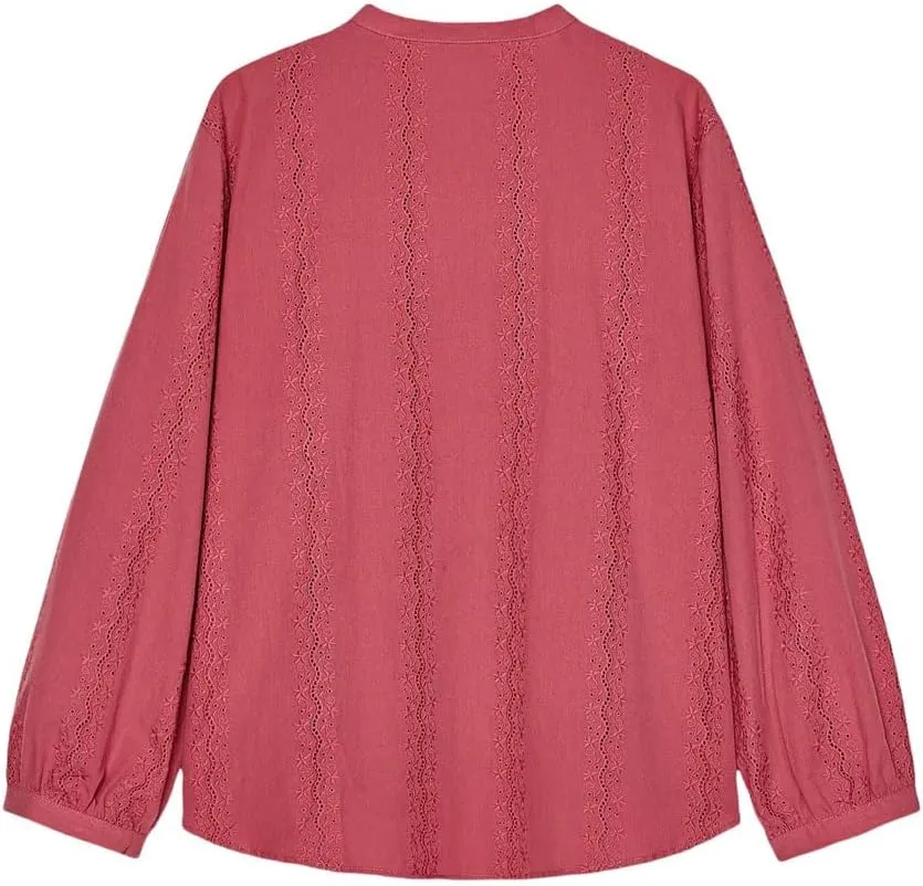 Women's Lace Striped Long Sleeve Shirt V Neck Button Down Blouse Loose Fit Casual Semi-Formal Top