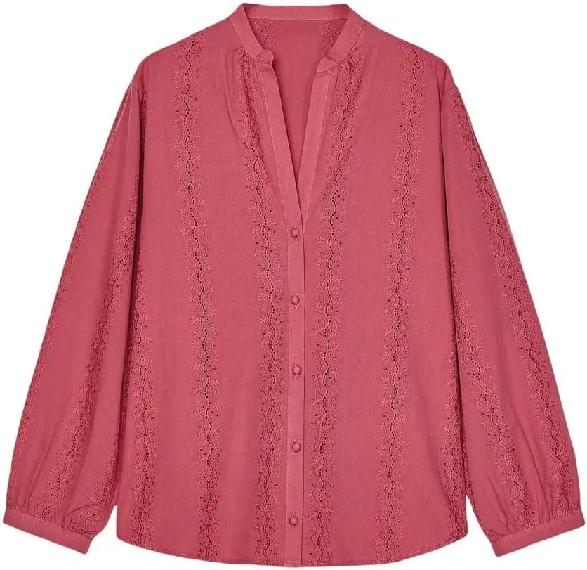 Women's Lace Striped Long Sleeve Shirt V Neck Button Down Blouse Loose Fit Casual Semi-Formal Top