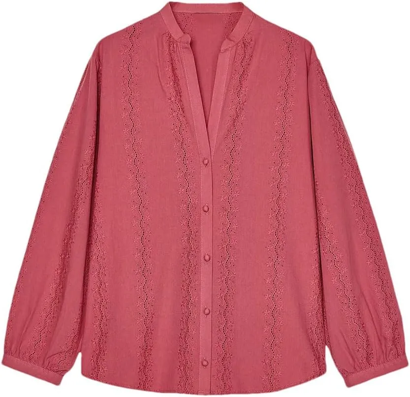 Women's Lace Striped Long Sleeve Shirt V Neck Button Down Blouse Loose Fit Casual Semi-Formal Top
