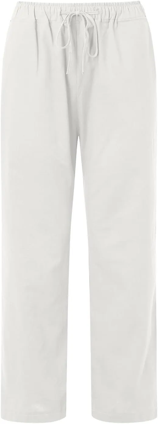 Women's Linen Pant Straight Leg Drawstrings High Waist Trousers Summer Casual Lightweight Breathable Long Pants