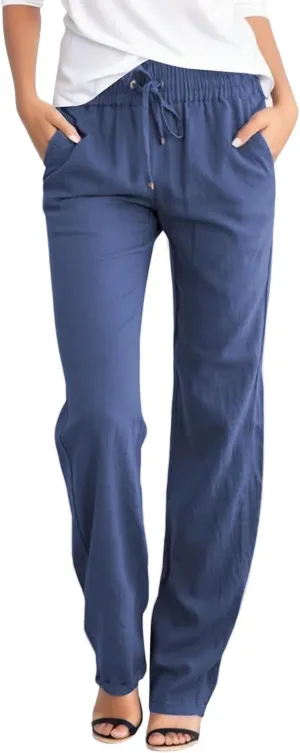 Women's Linen Pant Straight Leg Drawstrings High Waist Trousers Summer Casual Lightweight Breathable Long Pants