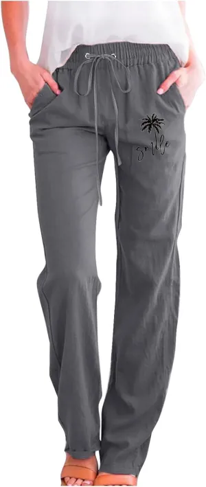 Women's Linen Pant Straight Leg Drawstrings High Waist Trousers Summer Casual Lightweight Breathable Long Pants