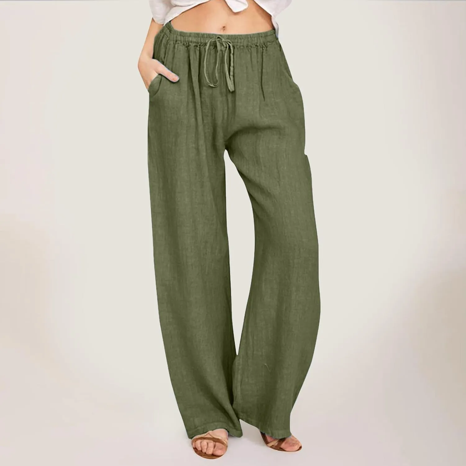 Women's Linen Pant Straight Leg Drawstrings High Waist Trousers Summer Casual Lightweight Breathable Long Pants