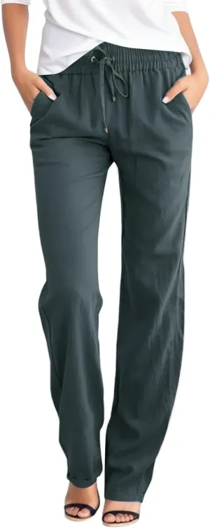Women's Linen Pant Straight Leg Drawstrings High Waist Trousers Summer Casual Lightweight Breathable Long Pants