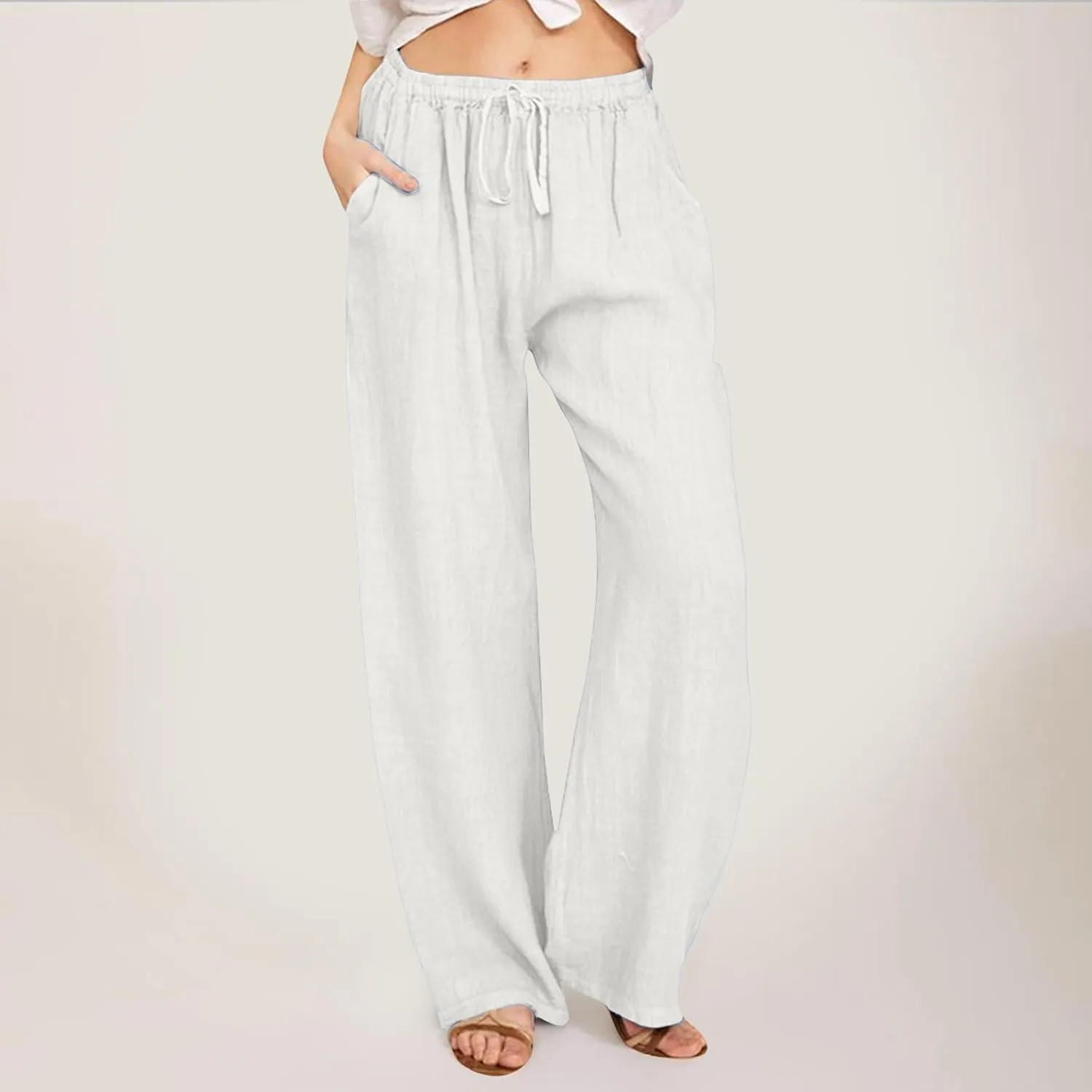 Women's Linen Pant Straight Leg Drawstrings High Waist Trousers Summer Casual Lightweight Breathable Long Pants