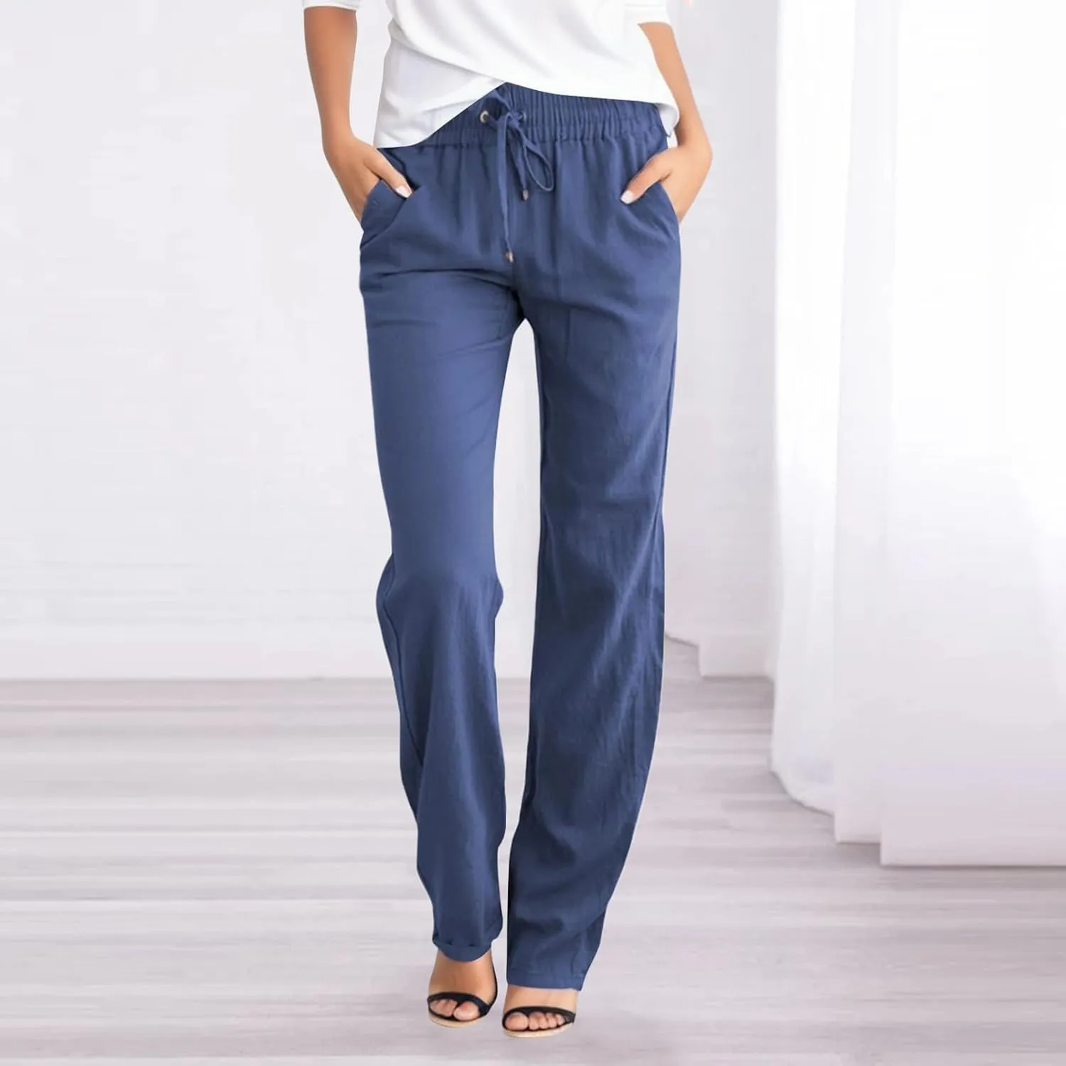 Women's Linen Pant Straight Leg Drawstrings High Waist Trousers Summer Casual Lightweight Breathable Long Pants