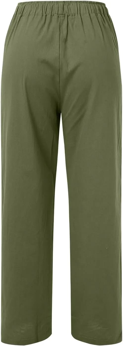 Women's Linen Pant Straight Leg Drawstrings High Waist Trousers Summer Casual Lightweight Breathable Long Pants