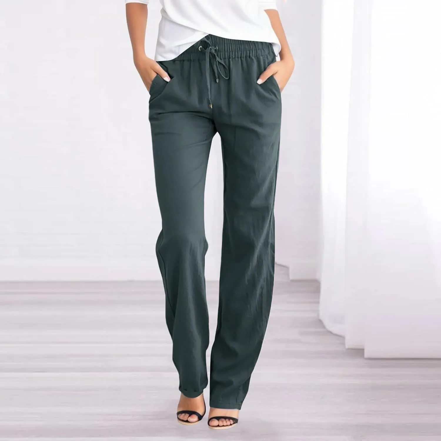 Women's Linen Pant Straight Leg Drawstrings High Waist Trousers Summer Casual Lightweight Breathable Long Pants