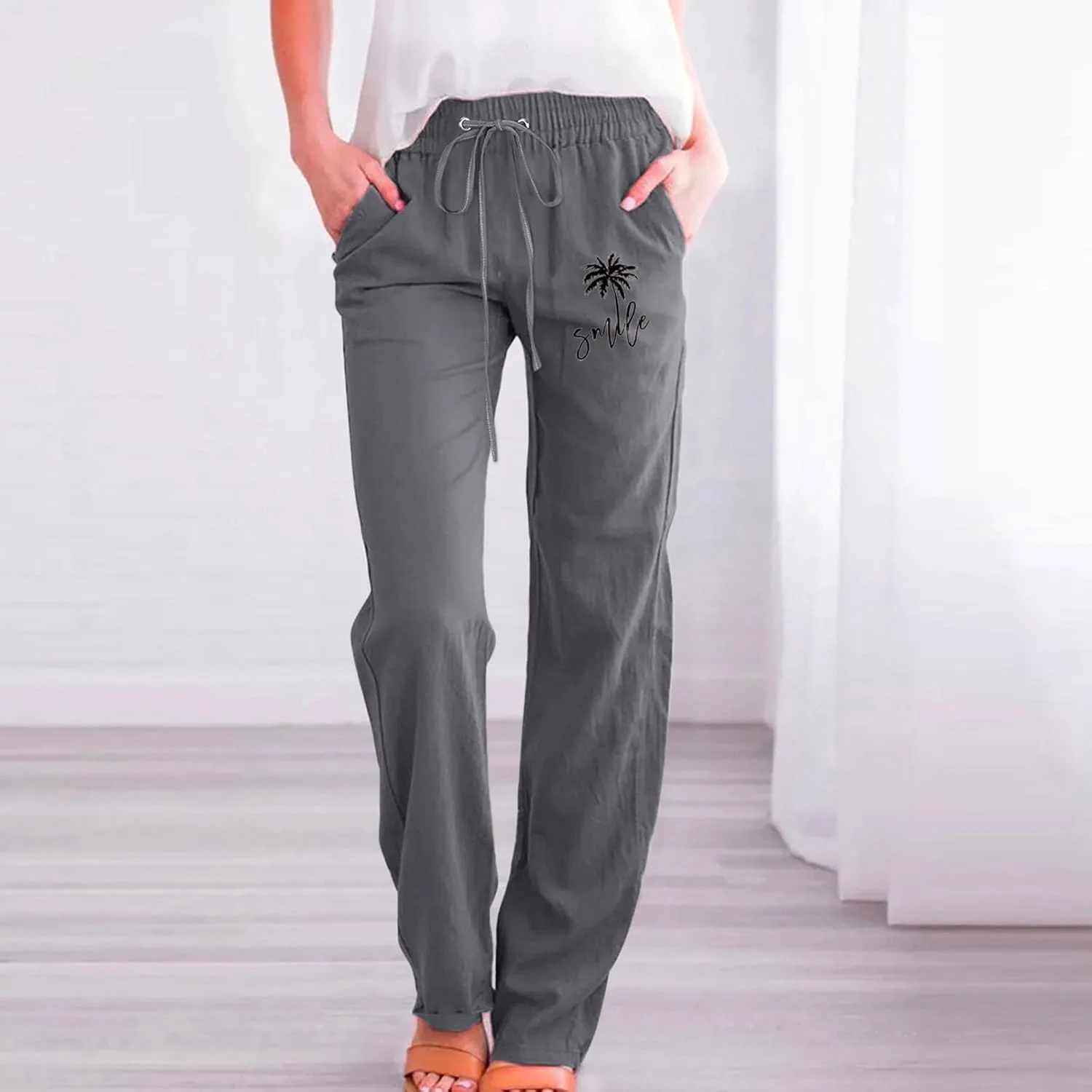 Women's Linen Pant Straight Leg Drawstrings High Waist Trousers Summer Casual Lightweight Breathable Long Pants