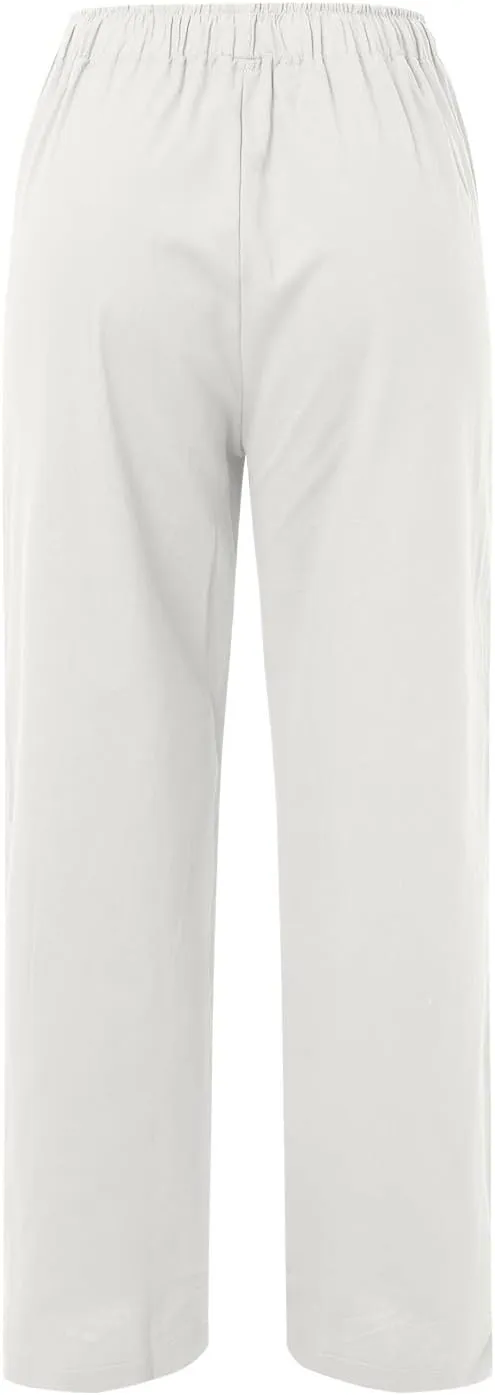 Women's Linen Pant Straight Leg Drawstrings High Waist Trousers Summer Casual Lightweight Breathable Long Pants