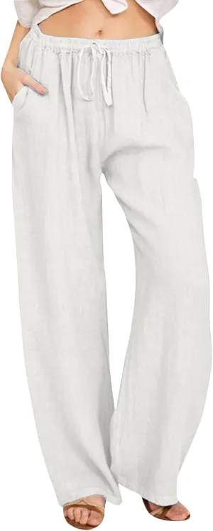 Women's Linen Pant Straight Leg Drawstrings High Waist Trousers Summer Casual Lightweight Breathable Long Pants