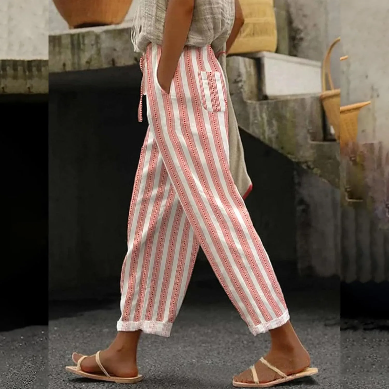 Womens Linen Pants,2025 Summer High Waist Elastic Straight Leg Lounge Pant Casual Loose Lightweight Beach Trousers