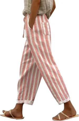 Womens Linen Pants,2025 Summer High Waist Elastic Straight Leg Lounge Pant Casual Loose Lightweight Beach Trousers