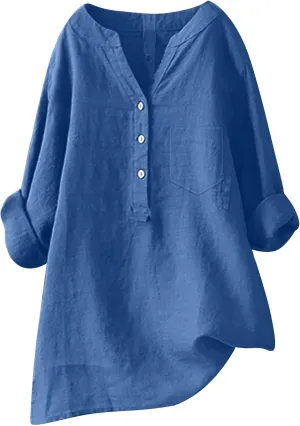 Women's Linen Shirts Summer Cotton Linen Solid Short Sleeve T Shirts Casual Loose Fit Trendy V Neck Blouses