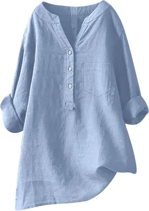 Womens Linen Shirts V Neck Button Up Blouse Solid Color Comfy Tops Long Sleeve Loose T Shirt