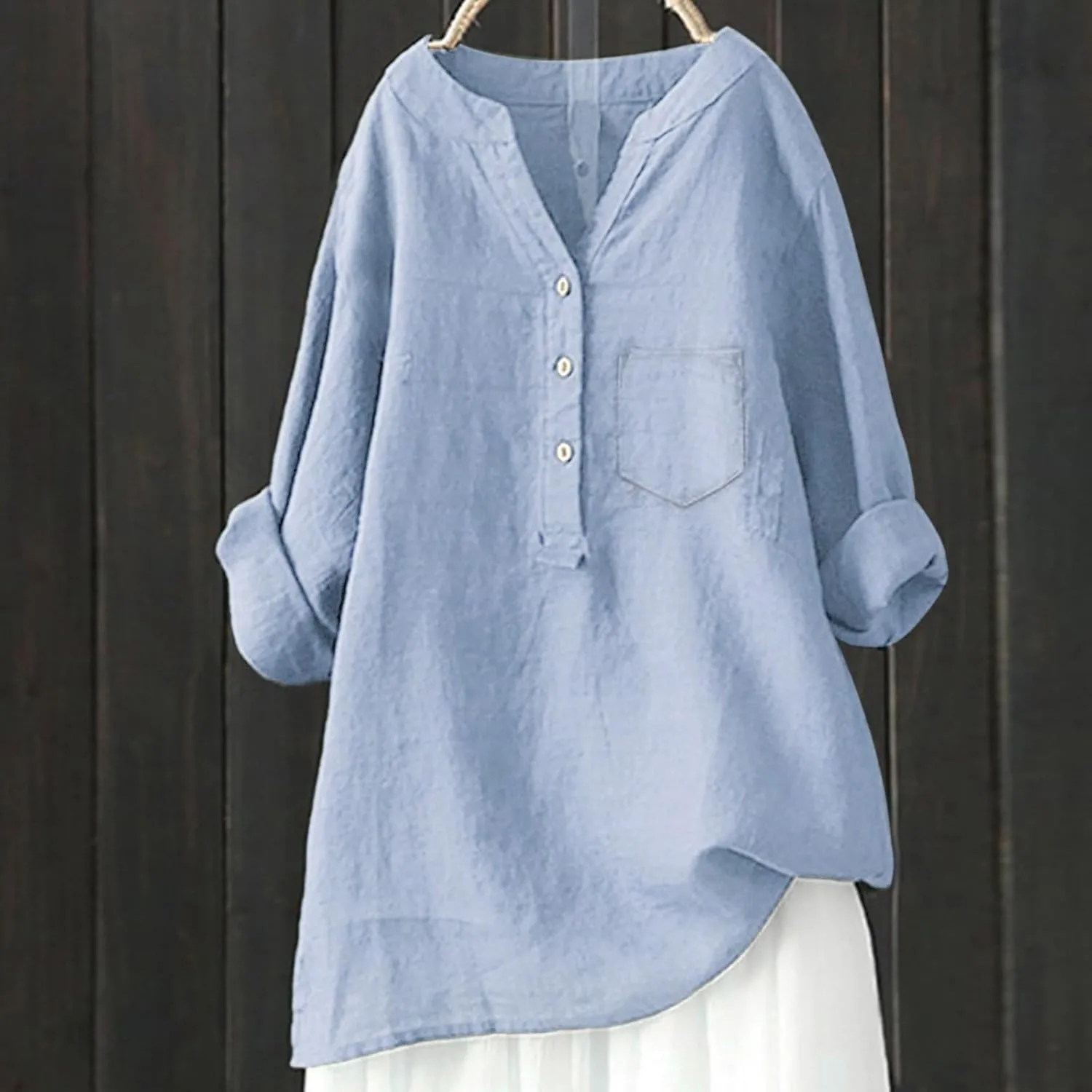 Womens Linen Shirts V Neck Button Up Blouse Solid Color Comfy Tops Long Sleeve Loose T Shirt