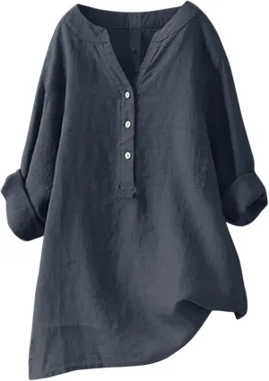 Womens Linen Shirts V Neck Buttons Blouses Floral Boho Dressy Tshirts Short Sleeve Loose Shirt
