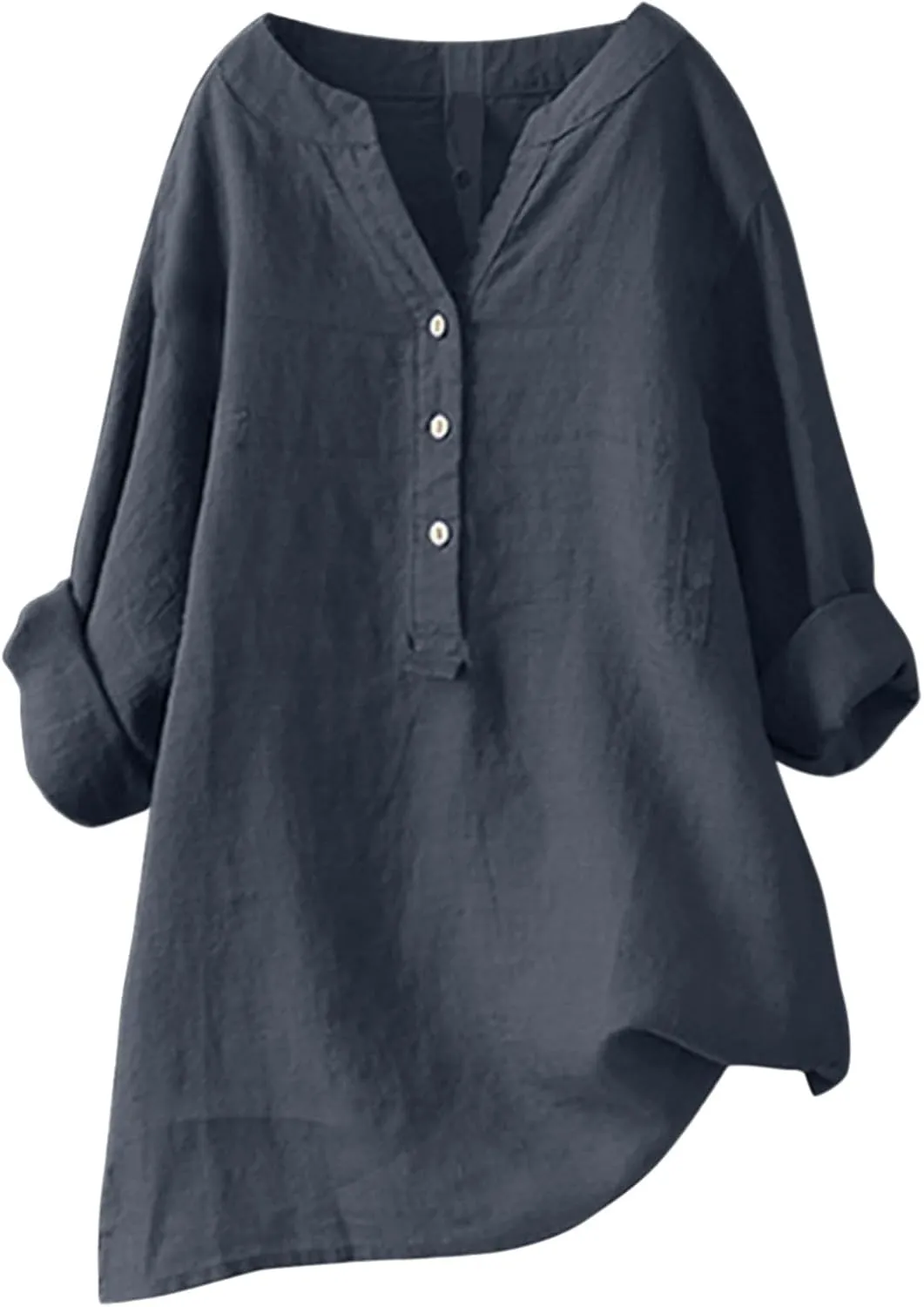 Womens Linen Shirts V Neck Buttons Blouses Floral Boho Dressy Tshirts Short Sleeve Loose Shirt