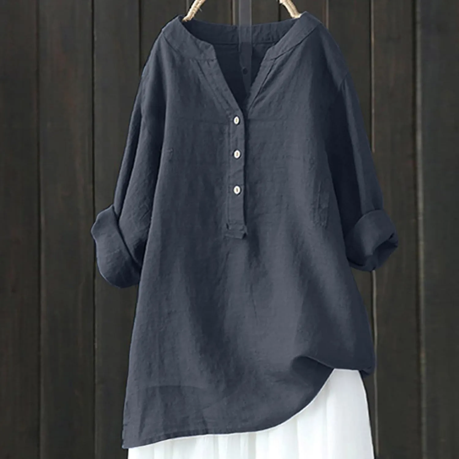 Womens Linen Shirts V Neck Buttons Blouses Floral Boho Dressy Tshirts Short Sleeve Loose Shirt