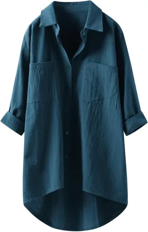 Womens Linen Shirts V Neck Buttons Blouses Solid Color Oversized Tops Short Sleeve Loose Fit Tunic Top