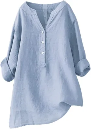 Women's Linen Shirts V-Neck Buttons Blouses Solid Oversized Tops Short Sleeve Loose T-Shirts