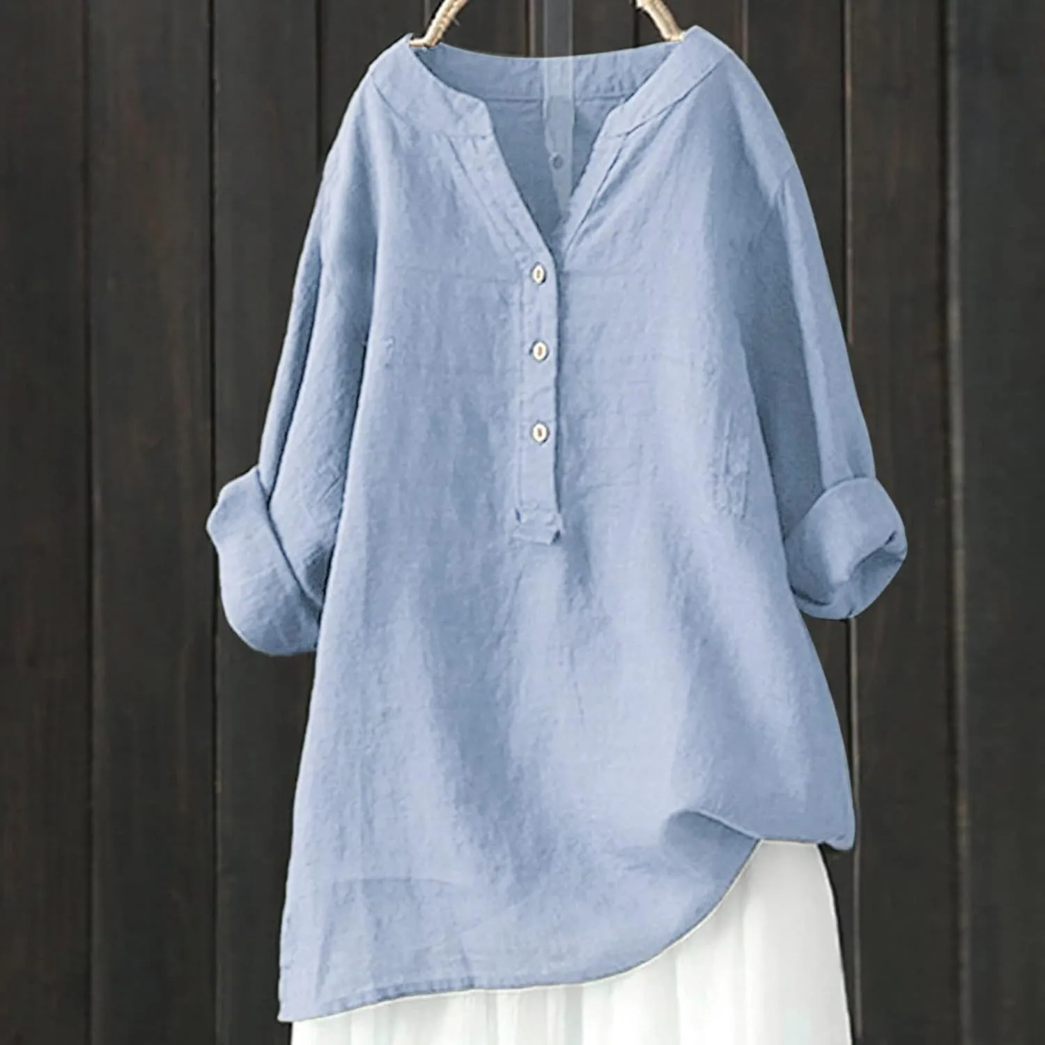 Women's Linen Shirts V-Neck Buttons Blouses Solid Oversized Tops Short Sleeve Loose T-Shirts