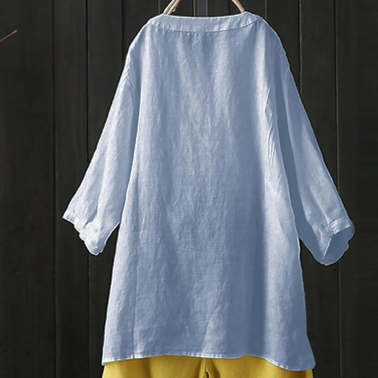 Women's Linen Shirts V-Neck Buttons Blouses Solid Oversized Tops Short Sleeve Loose T-Shirts