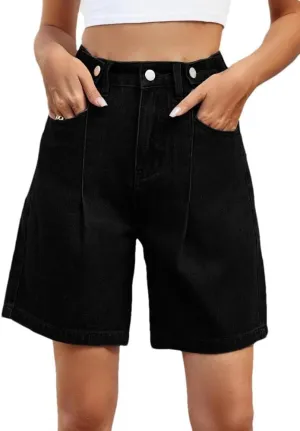 Women's Loose Denim Shorts Retro America Style High Waisted Straight Adjustable Waist Shorts
