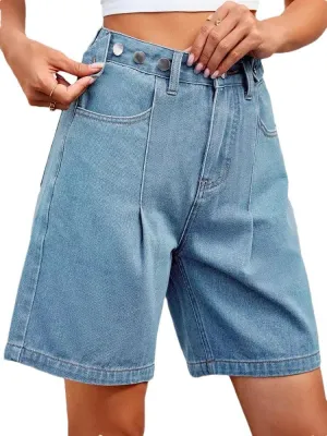 Women's Loose Denim Shorts Retro America Style High Waisted Straight Adjustable Waist Shorts