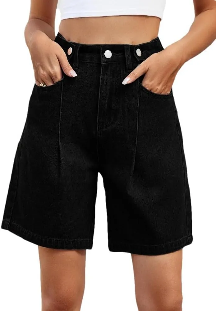 Women's Loose Denim Shorts Retro America Style High Waisted Straight Adjustable Waist Shorts