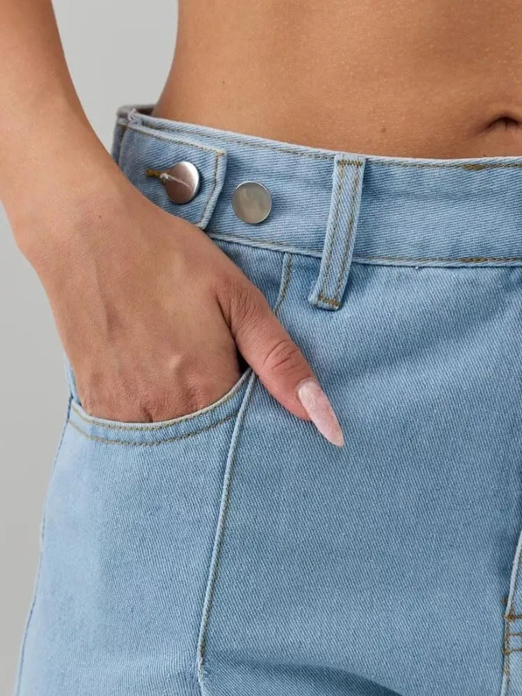 Women's Loose Denim Shorts Retro America Style High Waisted Straight Adjustable Waist Shorts