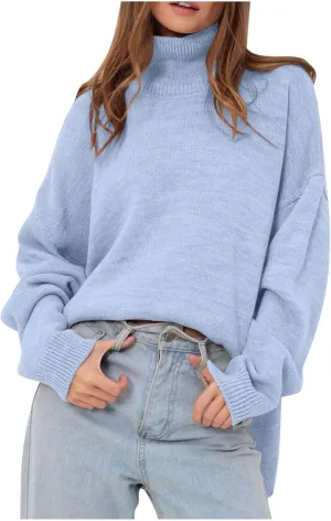 Womens Oversized Turtleneck Sweaters Long Sleeve Drop Shoulder Knit Pullover Sweater Tops Casual Trendy Fall Outfits