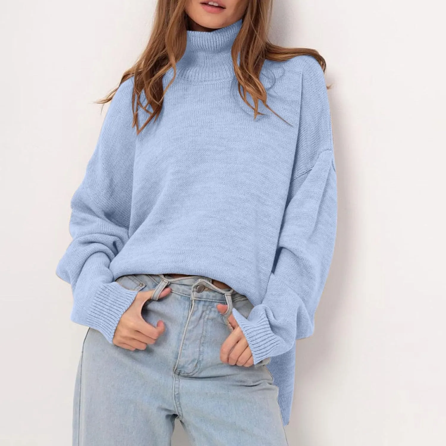 Womens Oversized Turtleneck Sweaters Long Sleeve Drop Shoulder Knit Pullover Sweater Tops Casual Trendy Fall Outfits