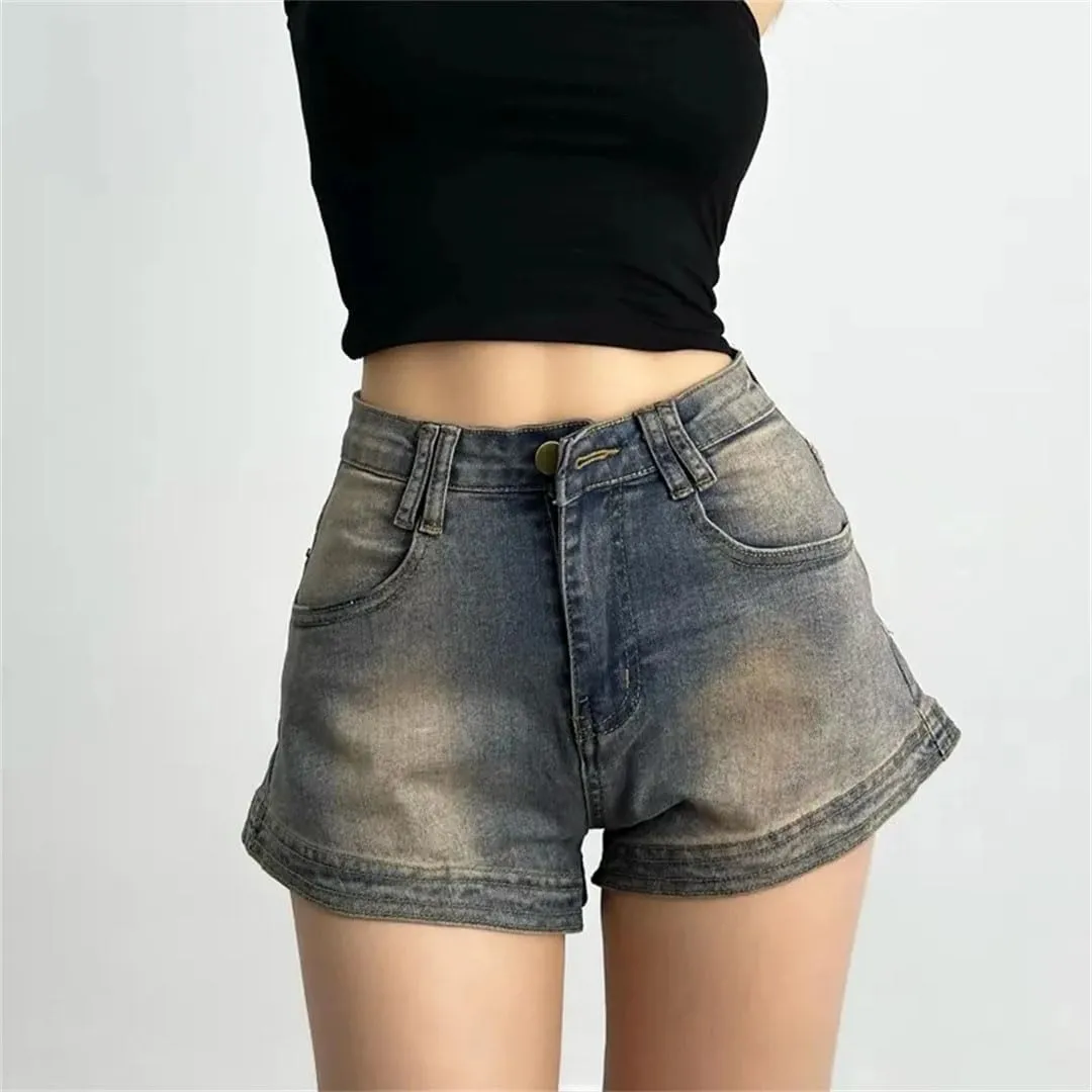 Women's Retro Denim Shorts Harajuku High Street Style Aesthetic Wide Leg Jeans Shorts