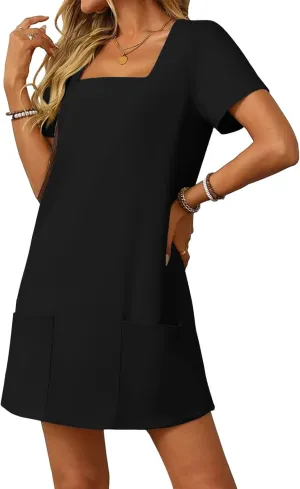 Women's Sexy Square Neck Sundresses Casual Summer Short Sleeve A Line Dresses Athletic Tennis Mini Dress