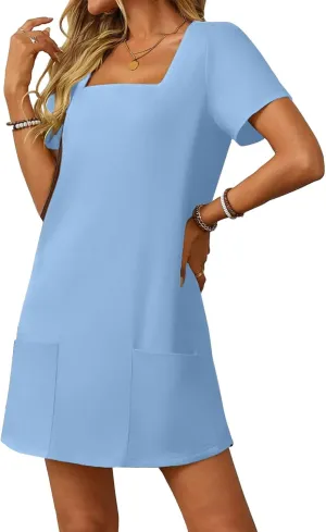 Women's Sexy Square Neck Sundresses Casual Summer Short Sleeve A Line Dresses Athletic Tennis Mini Dress
