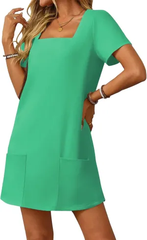 Women's Sexy Square Neck Sundresses Casual Summer Short Sleeve A Line Dresses Athletic Tennis Mini Dress