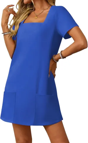 Women's Sexy Square Neck Sundresses Casual Summer Short Sleeve A Line Dresses Athletic Tennis Mini Dress