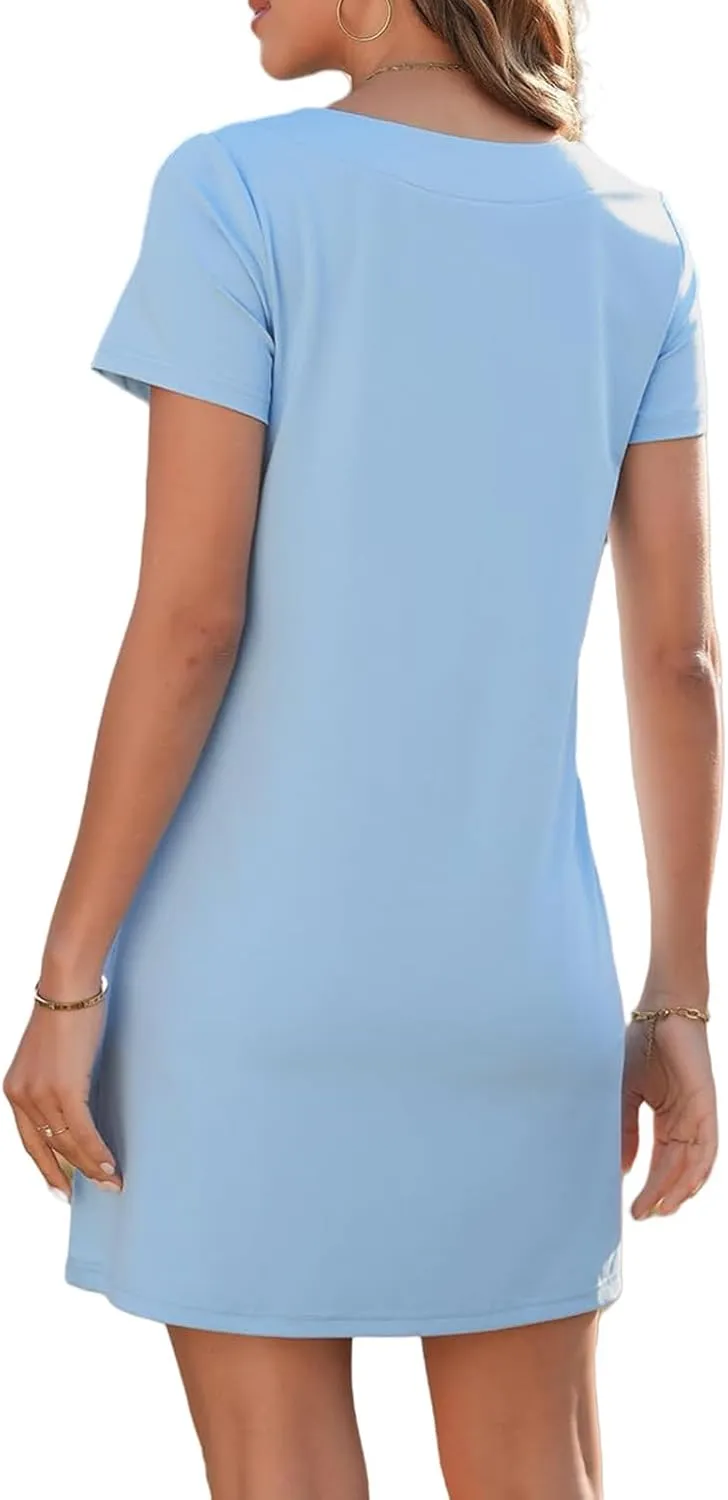 Women's Sexy Square Neck Sundresses Casual Summer Short Sleeve A Line Dresses Athletic Tennis Mini Dress