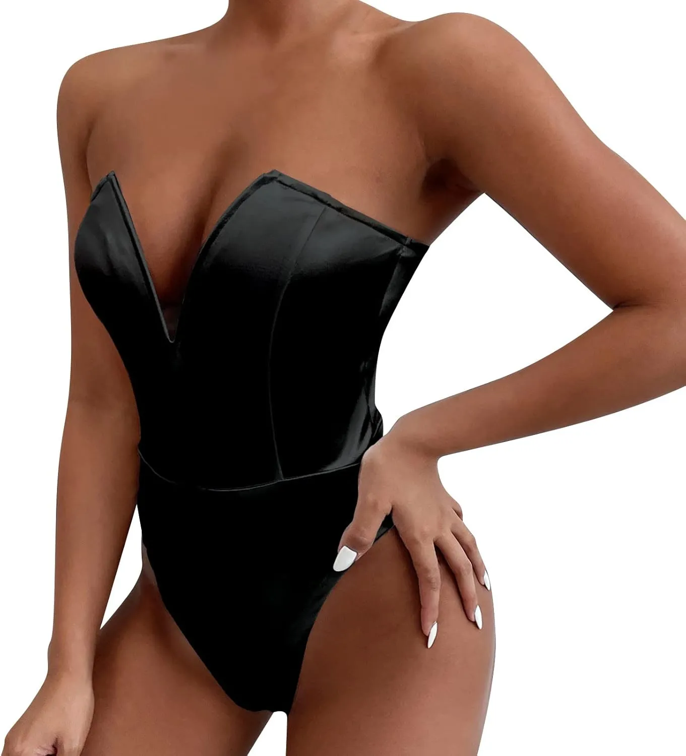 Women's Sexy V Neck Strapless Tube Top Bodysuits High Waist Thong Leotard Going Out Party Nightclub Clothing with Snap Cortch