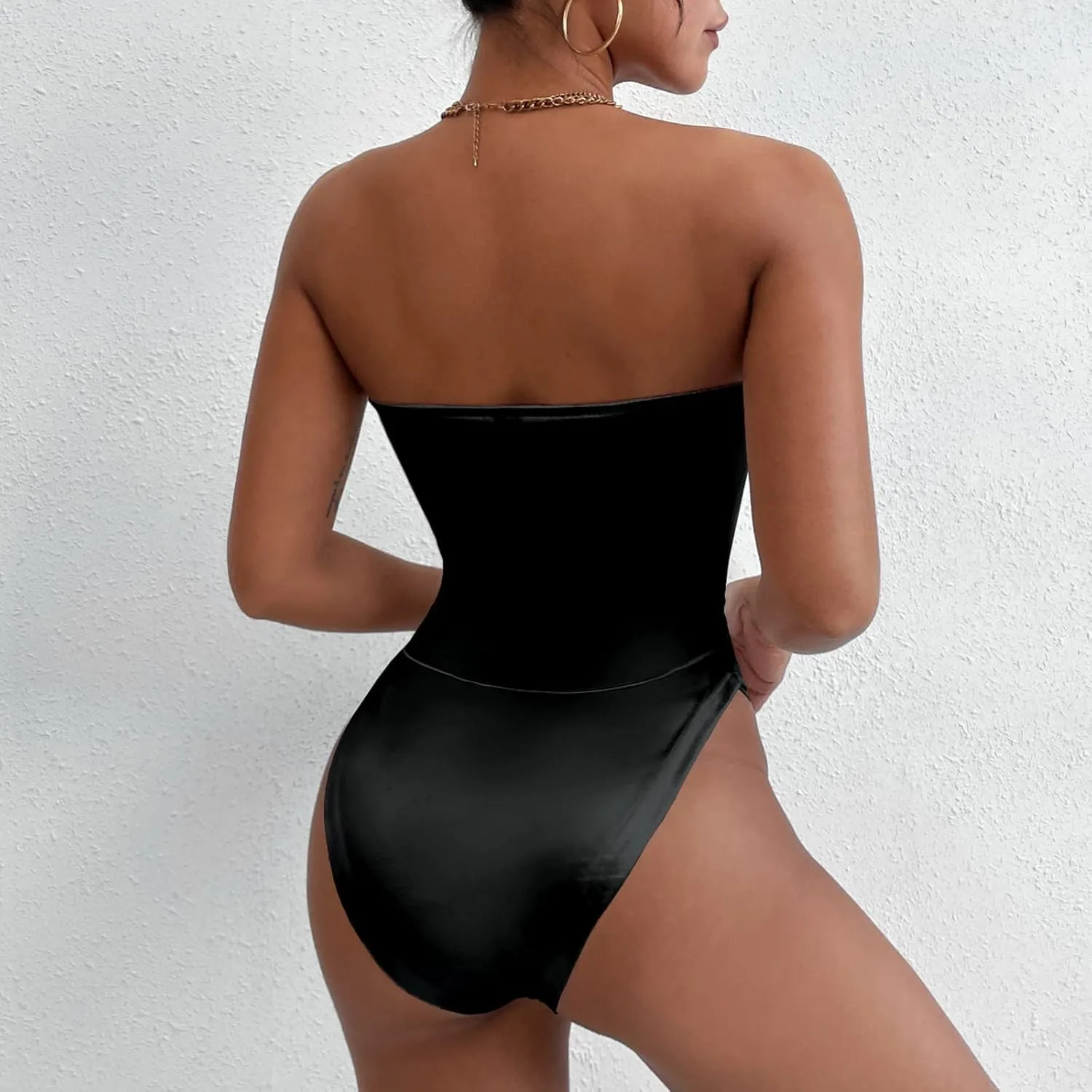 Women's Sexy V Neck Strapless Tube Top Bodysuits High Waist Thong Leotard Going Out Party Nightclub Clothing with Snap Cortch