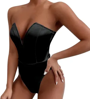 Women's Sexy V Neck Strapless Tube Top Bodysuits High Waist Thong Leotard Going Out Party Nightclub Clothing with Snap Cortch