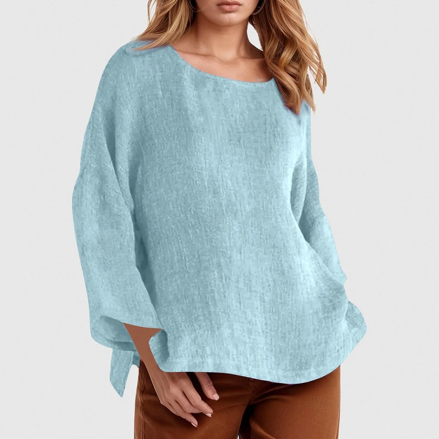 Women's Short Sleeve Linen Shirt Casual Crew Neck Oversized T-Shirt Button Loose Fit Summer Tee Shirt