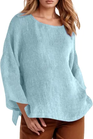 Women's Short Sleeve Linen Shirt Casual Crew Neck Oversized T-Shirt Button Loose Fit Summer Tee Shirt