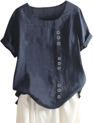 Women's Short Sleeve Linen Shirt Casual Round Neck Soft T-Shirts Floral Loose Summer Tee Top