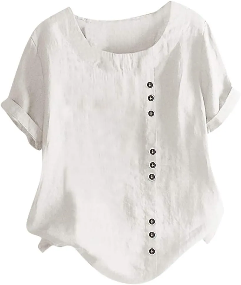 Women's Short Sleeve Linen Shirt Casual Round Neck Soft T-Shirts Floral Loose Summer Tee Top