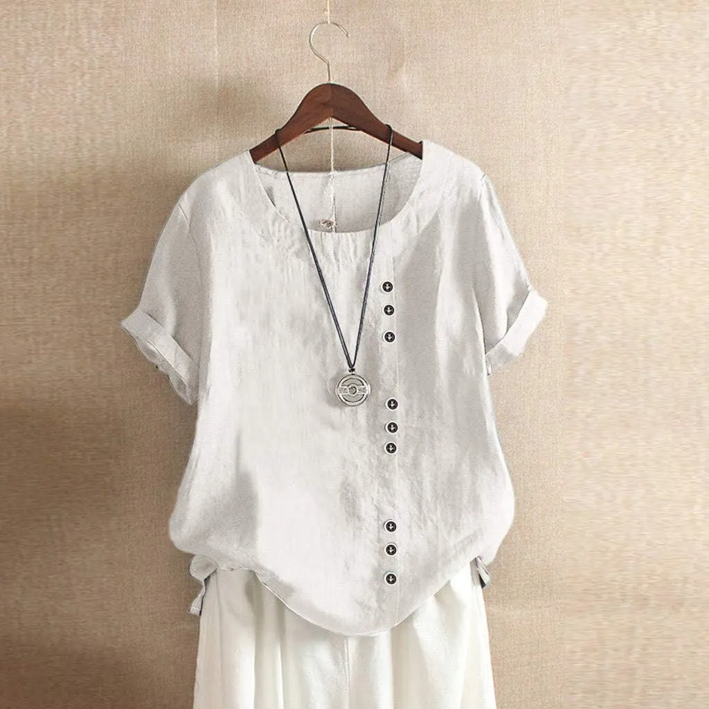 Women's Short Sleeve Linen Shirt Casual Round Neck Soft T-Shirts Floral Loose Summer Tee Top