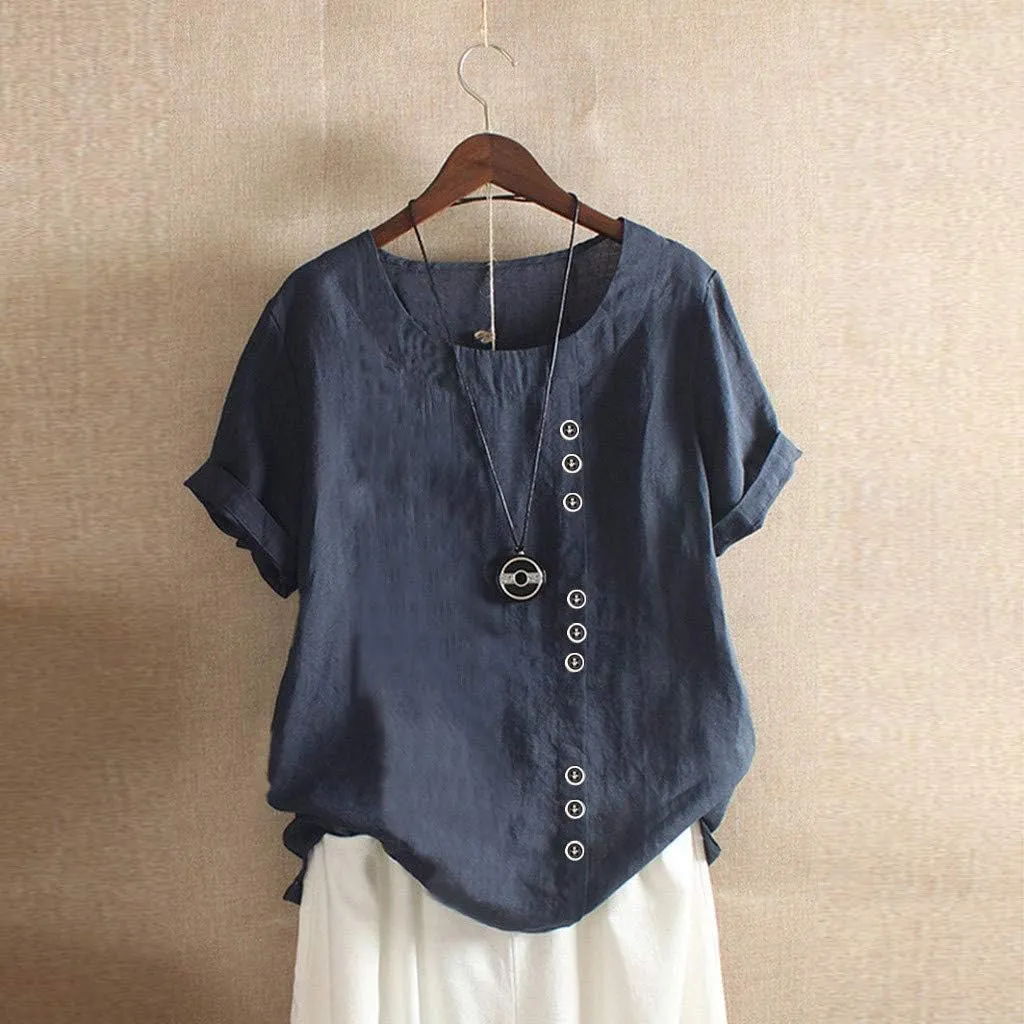 Women's Short Sleeve Linen Shirt Casual Round Neck Soft T-Shirts Floral Loose Summer Tee Top