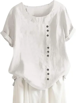 Women's Short Sleeve Linen Shirt Casual Round Neck Soft T-Shirts Floral Loose Summer Tee Top