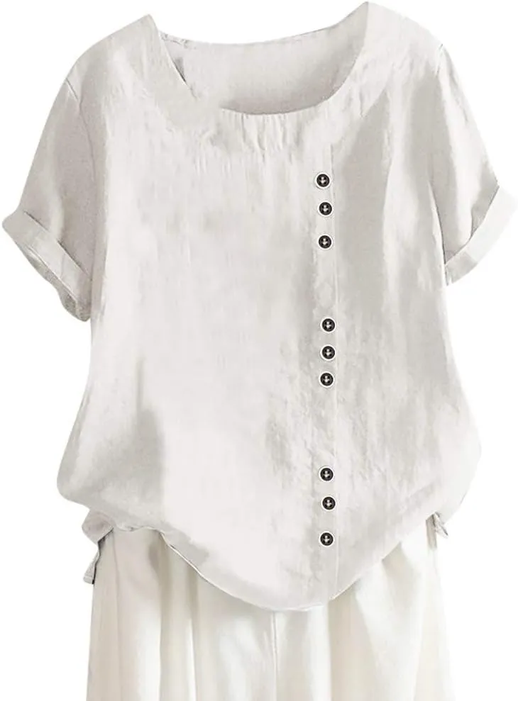 Women's Short Sleeve Linen Shirt Casual Round Neck Soft T-Shirts Floral Loose Summer Tee Top